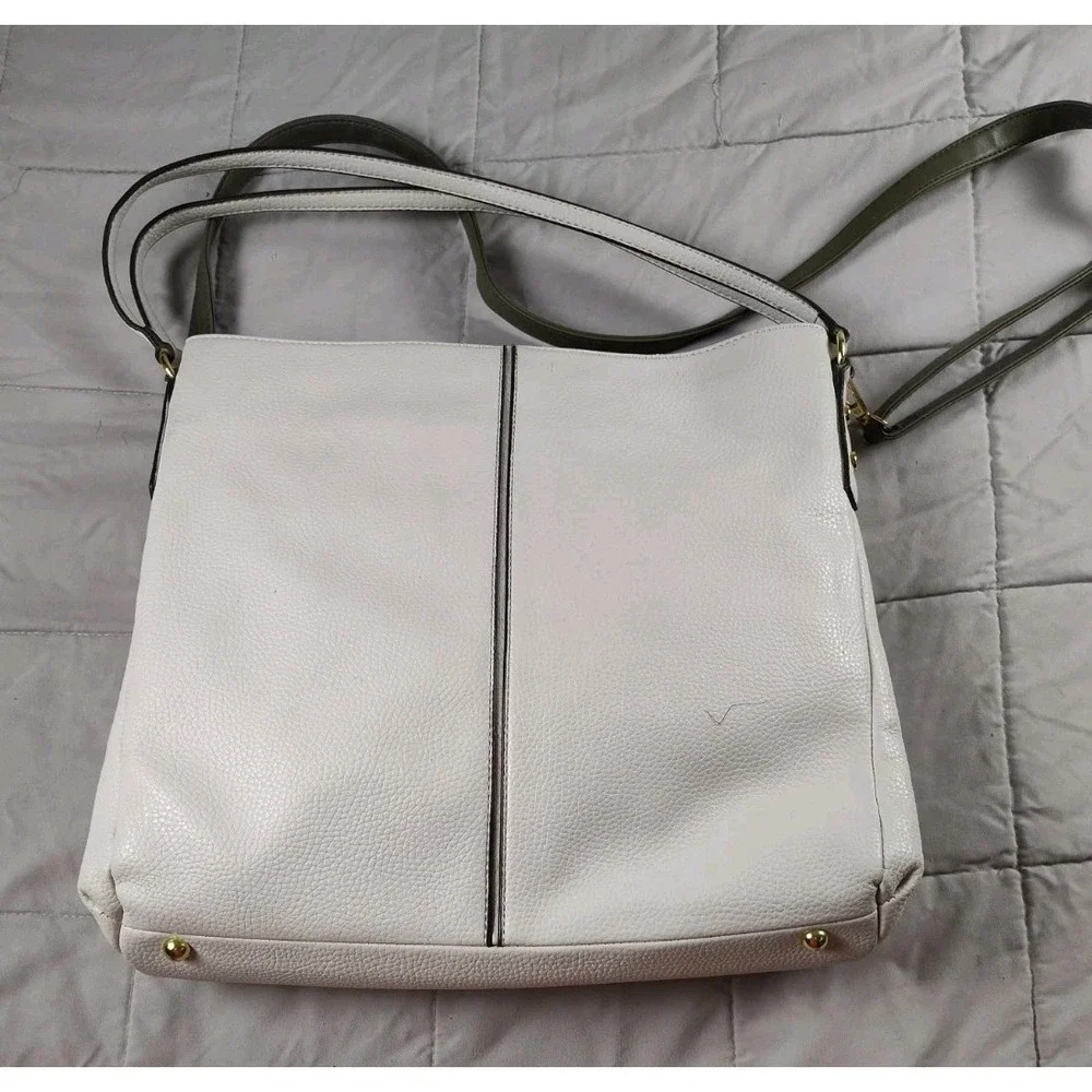 Anne Klein White Pebbled Faux Leather Satchel Shoulder Bag Logo/Gold Hardware